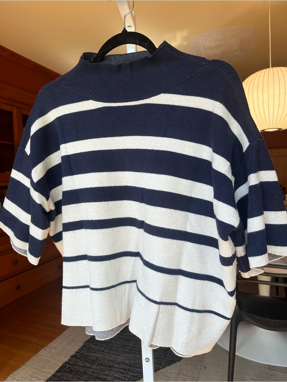 Maeve Navy and White Striped Short-Sleeve Turtleneck Sweater